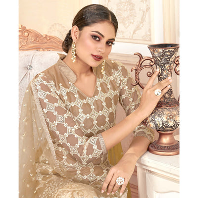 Brown Sequins Embroidered Net Semi Stitched Suit