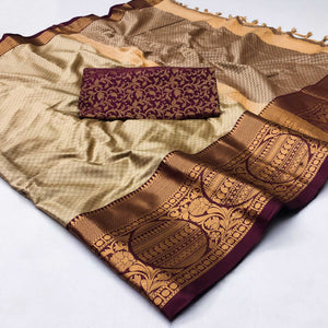 Chikoo Woven Cotton Silk Saree With Tassels