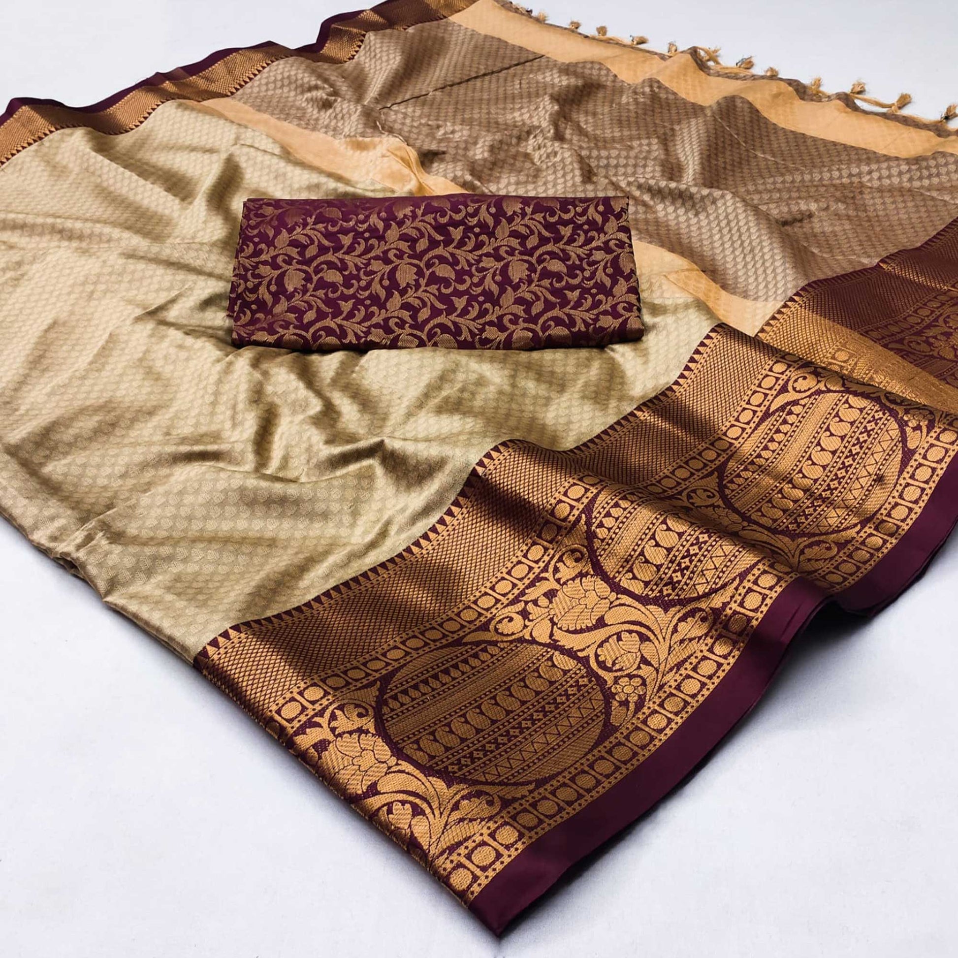 Chikoo Woven Cotton Silk Saree With Tassels