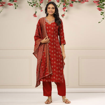 Maroon Jaipuri Printed With Gota Work Chanderi Salwar Suit