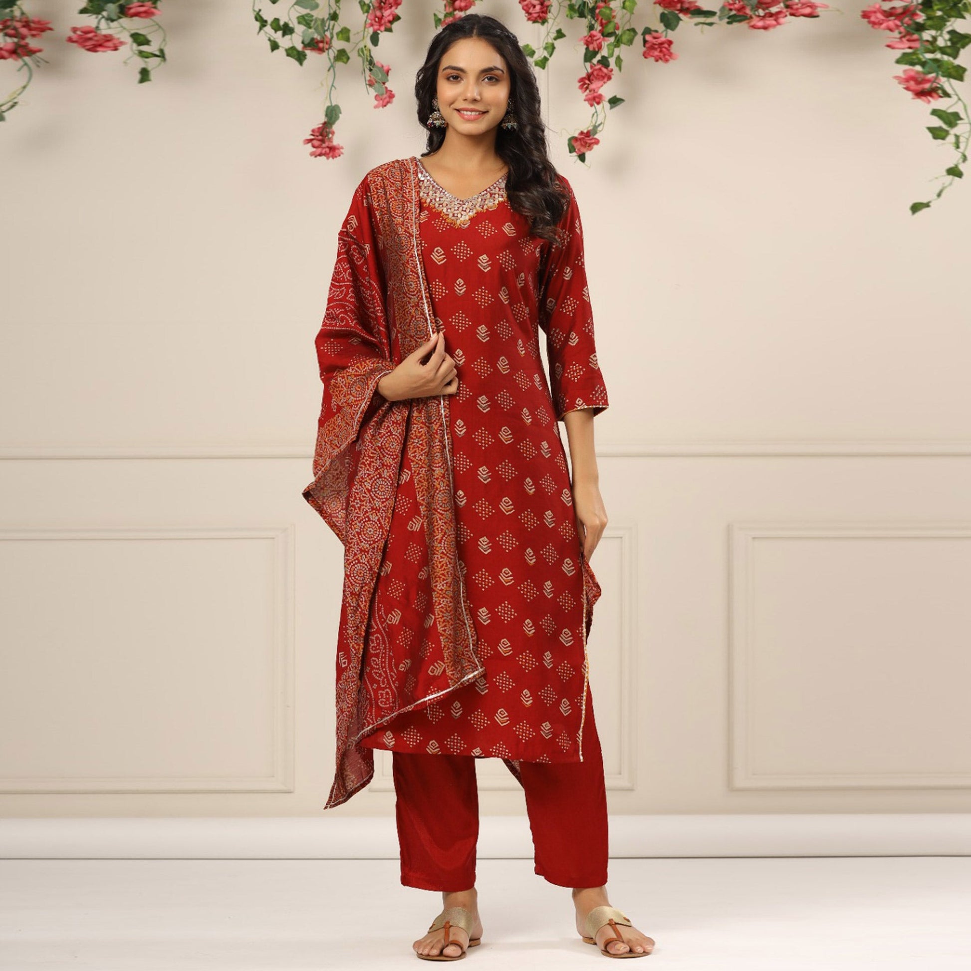 Maroon Jaipuri Printed With Gota Work Chanderi Salwar Suit