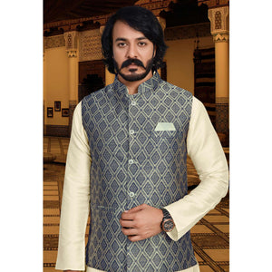Cream Blue Woven Art Silk Kurta Pyjama Set With Jacket
