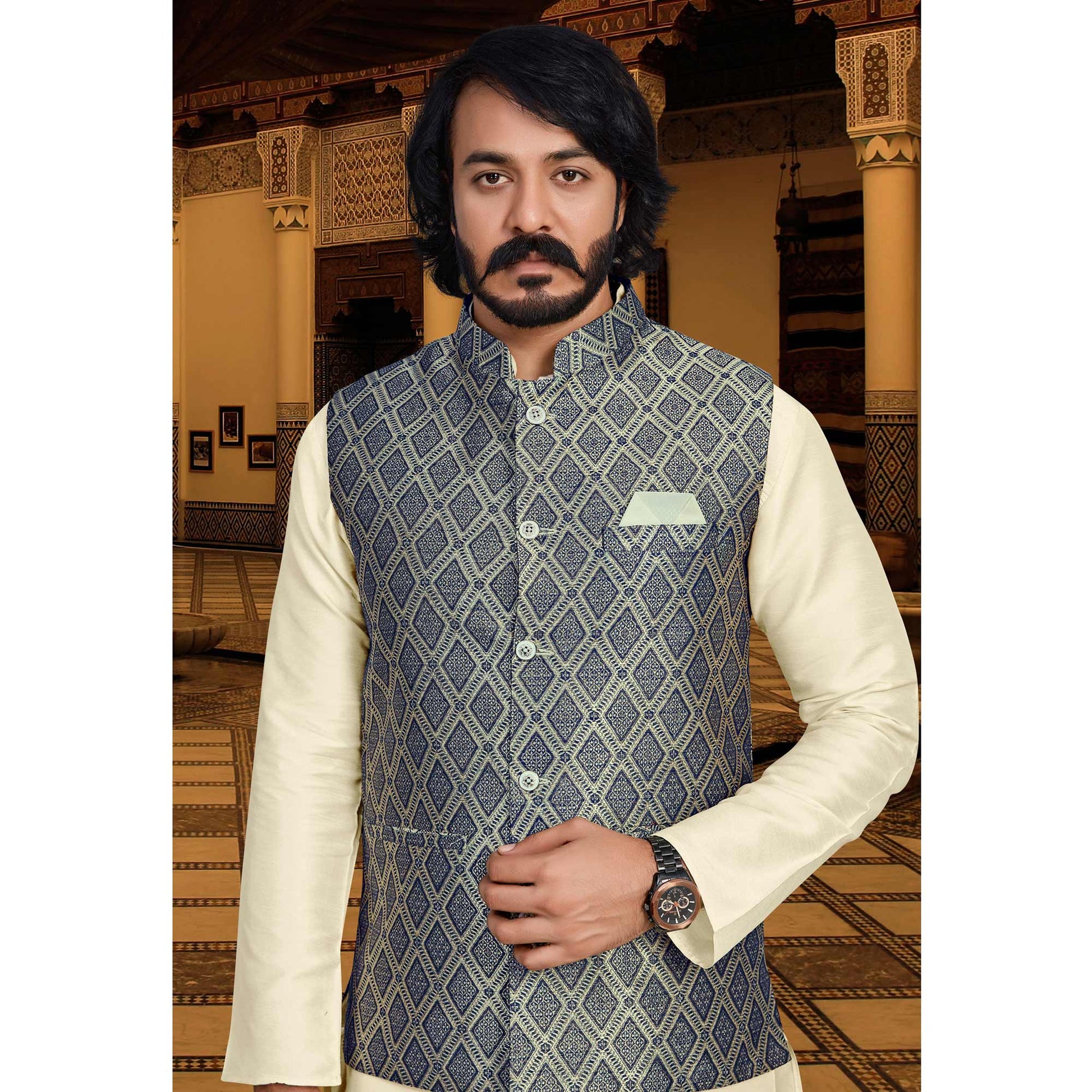 Cream Blue Woven Art Silk Kurta Pyjama Set With Jacket