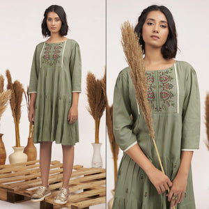 green-floral-embroidered-rayon-short-dress
