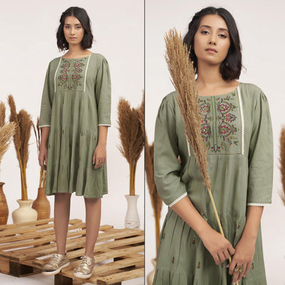 green-floral-embroidered-rayon-short-dress