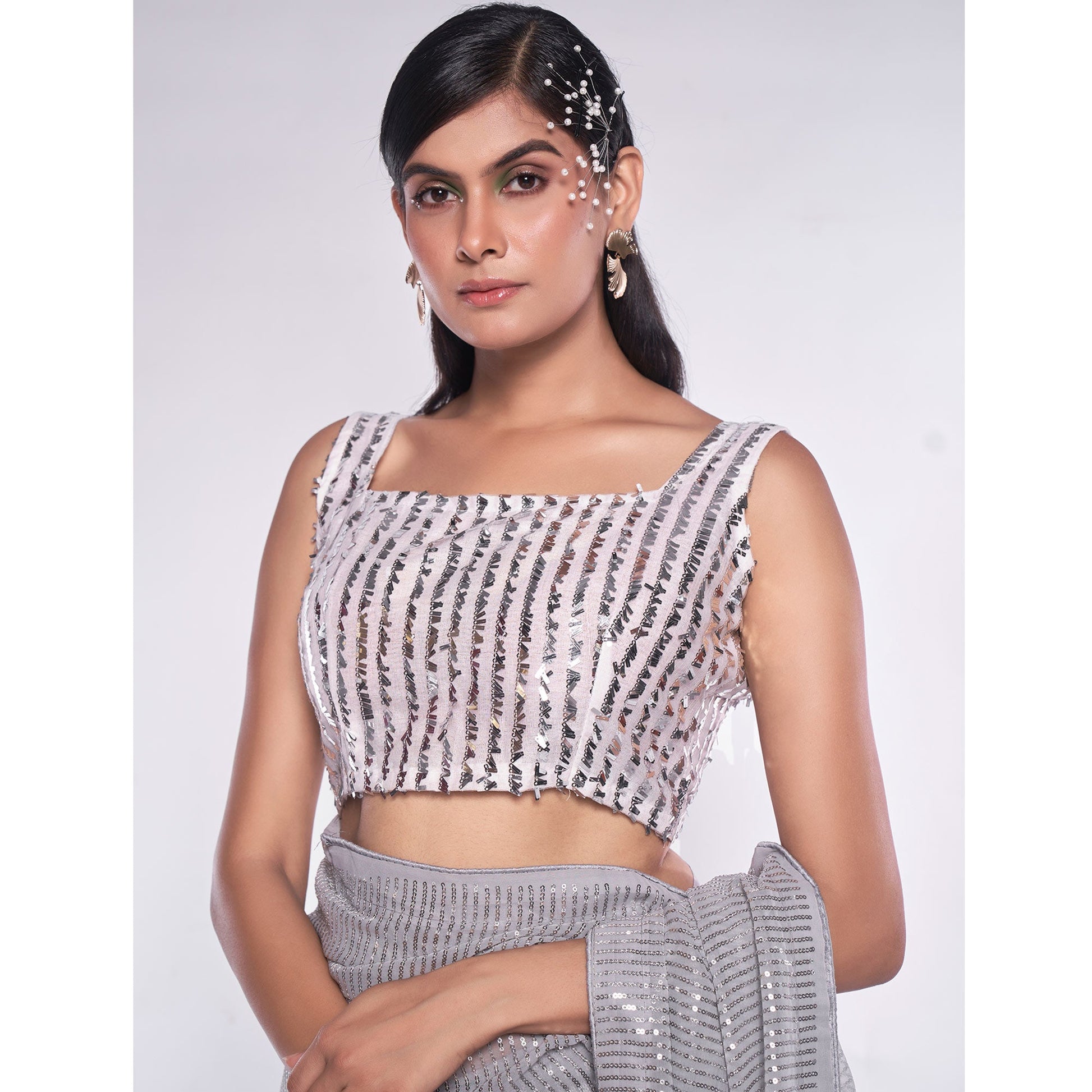 Grey Sequins Embroidered Georgette Saree