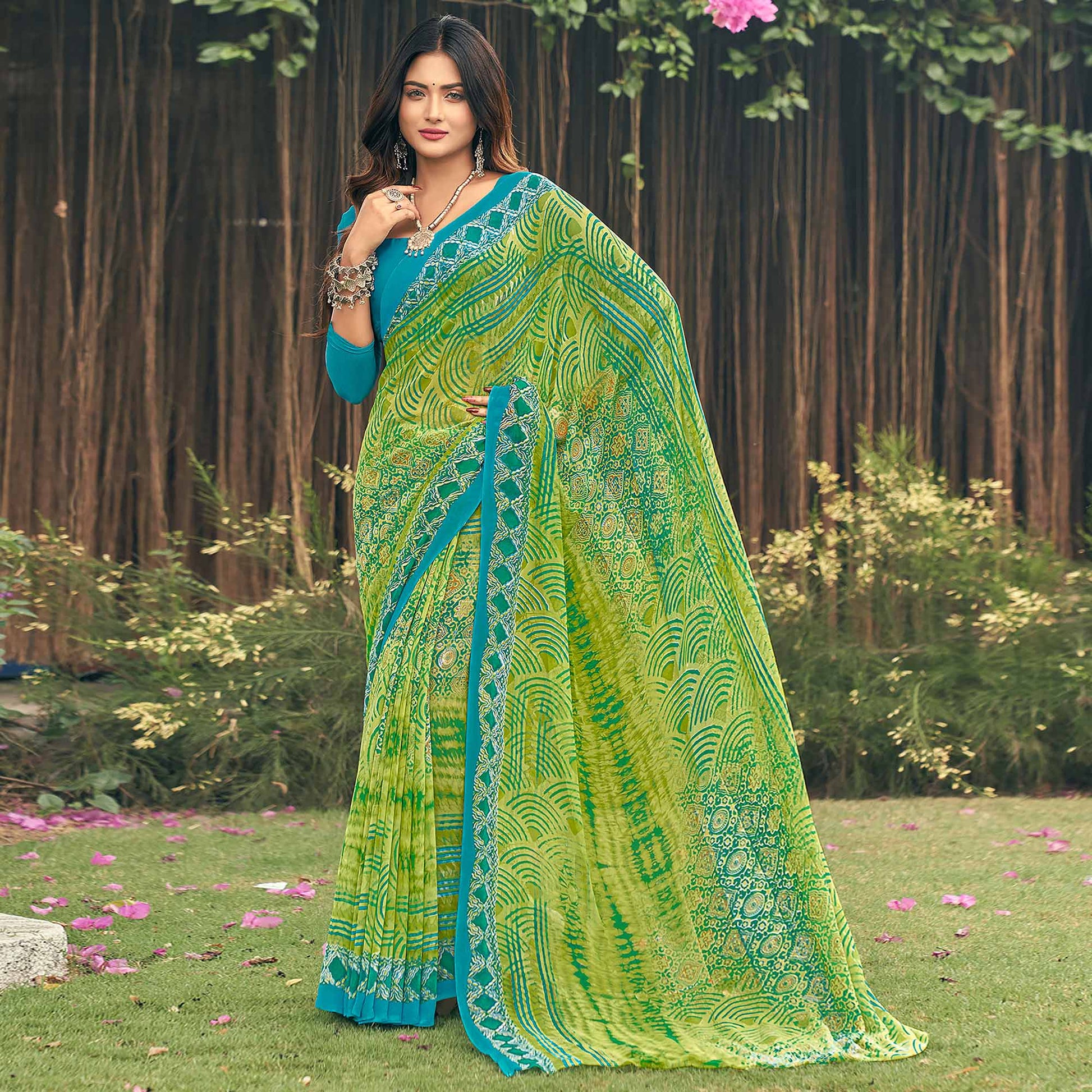 green-geometric-printed-georgette-saree-1