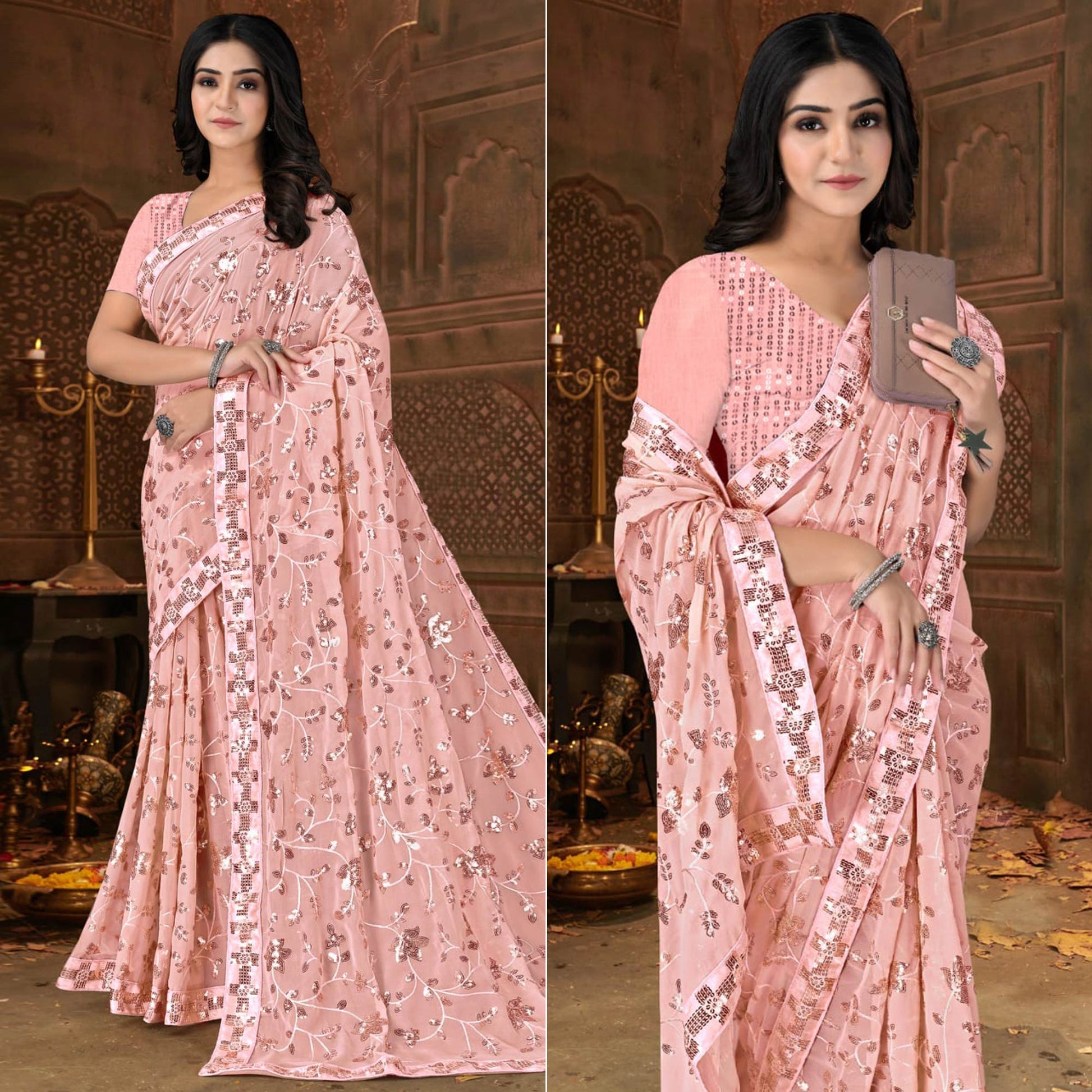 Light Peach Sequins Emroidered Georgette Saree