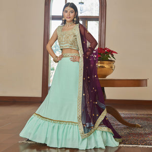 Light Aqua Green Embroidered Art Silk Lehenga Choli