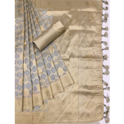 Grey Woven Art Silk Saree With Tassels