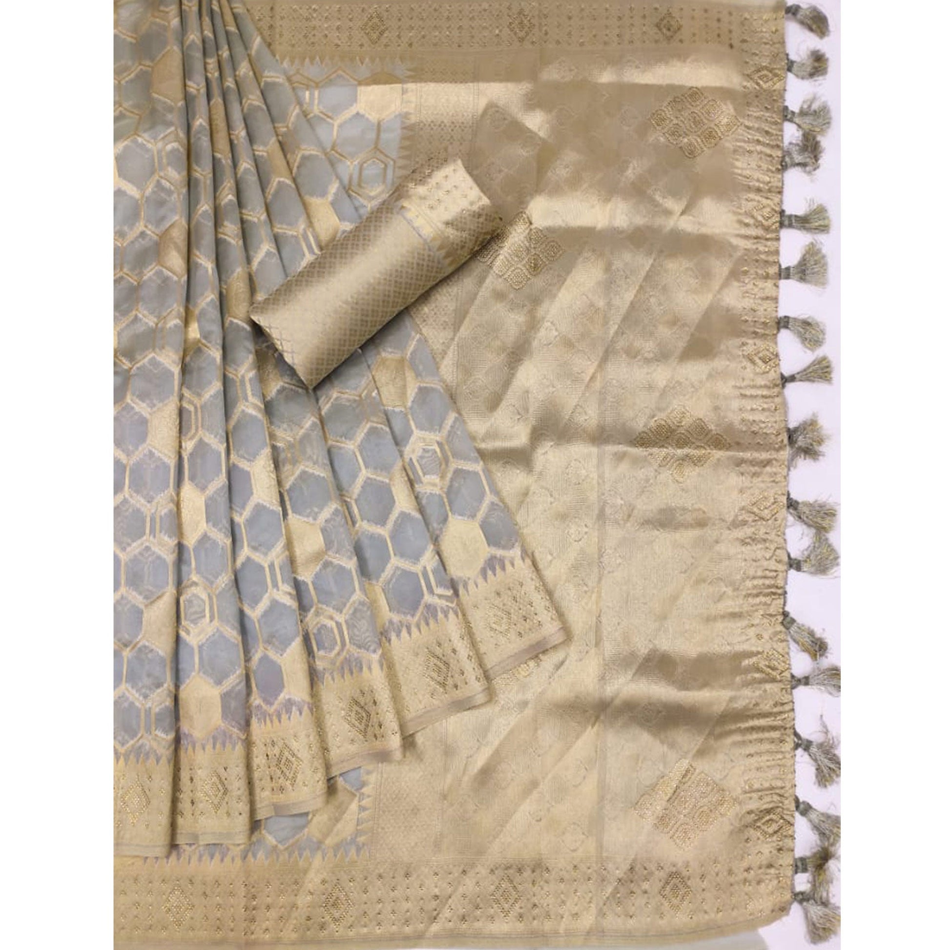 Grey Woven Art Silk Saree With Tassels