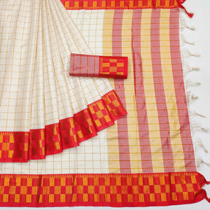 Cream & Red Woven Cotton Silk Saree