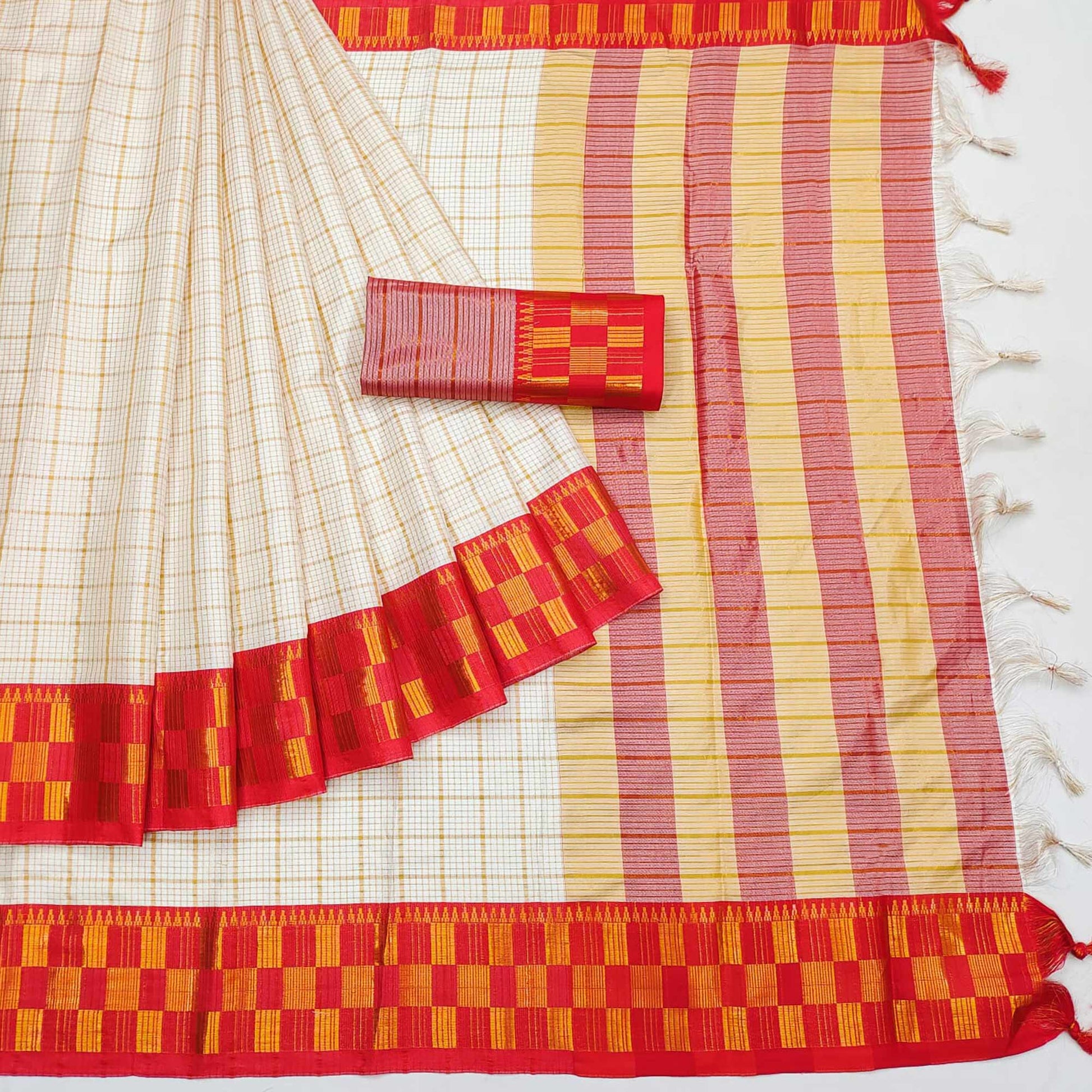 Cream & Red Woven Cotton Silk Saree