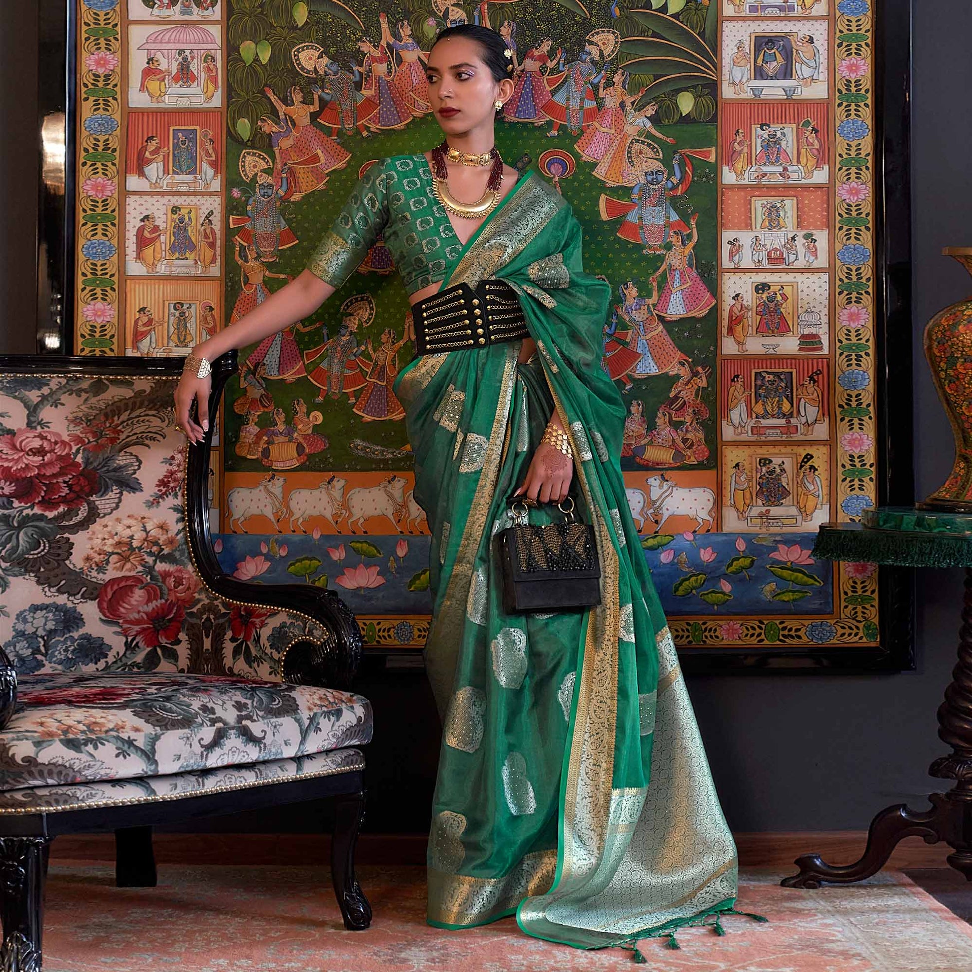 green-woven-organza-saree-with-tassels-6