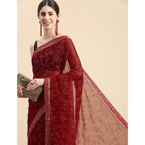 Maroon Floral Foil Printed Shimmer Saree
