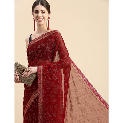Maroon Floral Foil Printed Shimmer Saree