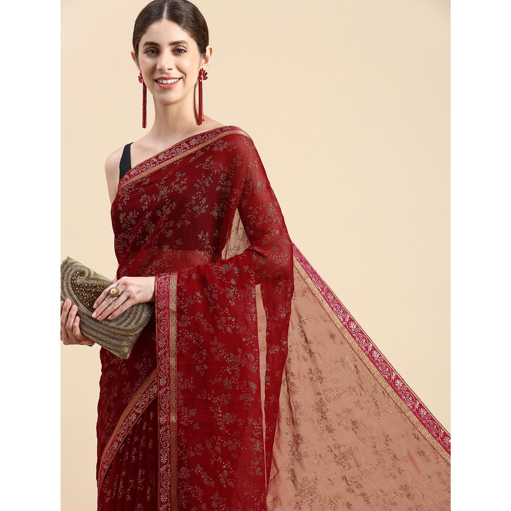 Maroon Floral Foil Printed Shimmer Saree