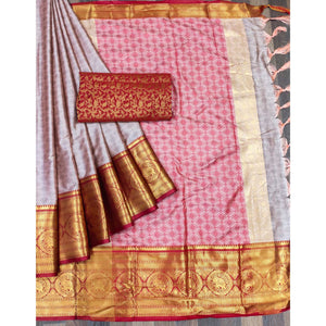 Grey Woven Cotton Silk Saree With Tassels