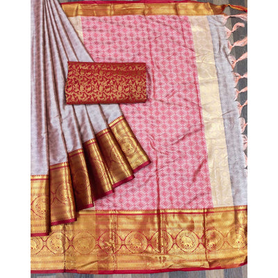 Grey Woven Cotton Silk Saree With Tassels