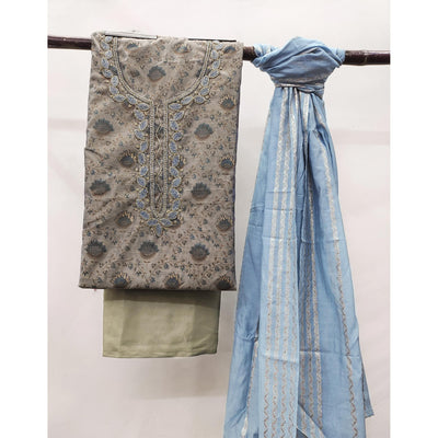 Grey Printed With Handwork Modal Dress Material