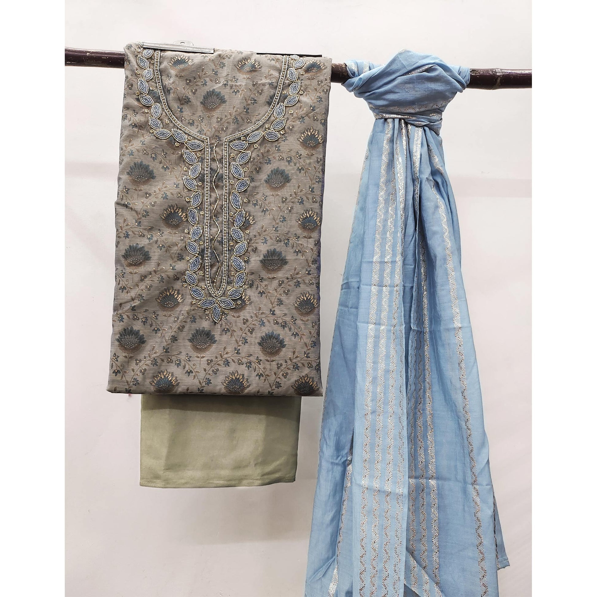 Grey Printed With Handwork Modal Dress Material