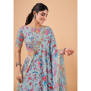 Light Blue Floral Printed And Sequins Work Georgette Lehenga Choli