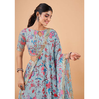 Light Blue Floral Printed And Sequins Work Georgette Lehenga Choli