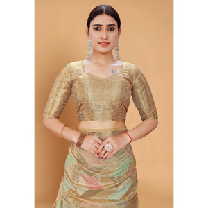 Chikoo Woven Organza Saree With Tassels