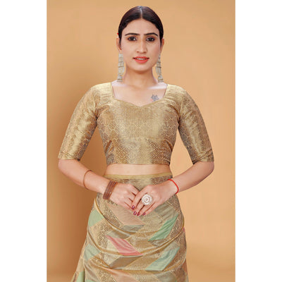 Chikoo Woven Organza Saree With Tassels