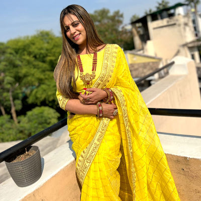 Lemon Yellow Checks With Embroidered Border Modal Saree