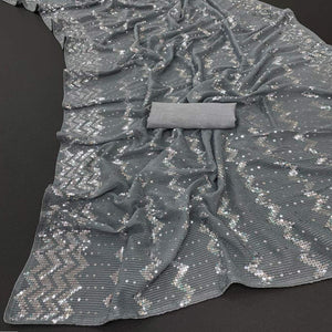 Grey Sequins Embroidered Georgette Saree