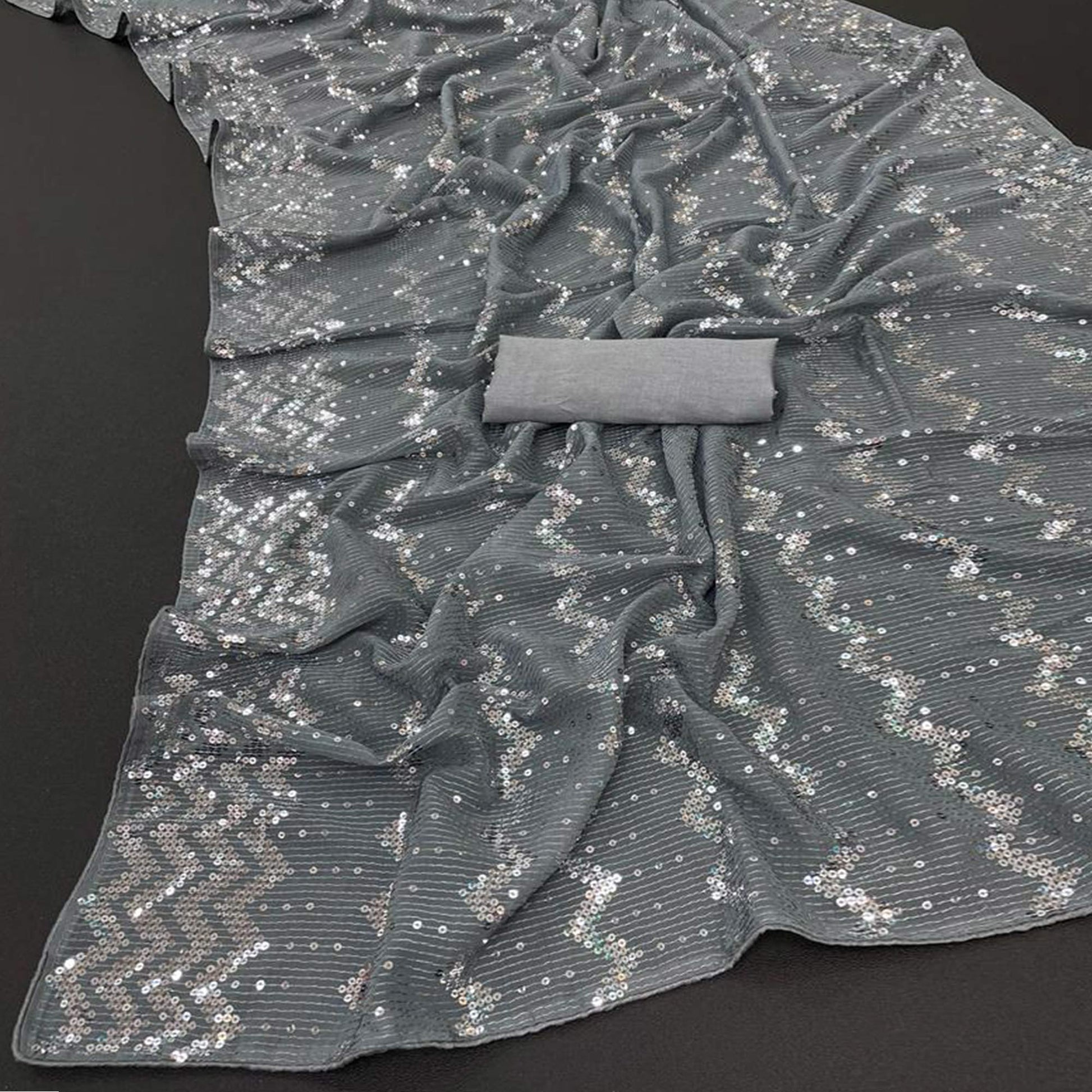 Grey Sequins Embroidered Georgette Saree