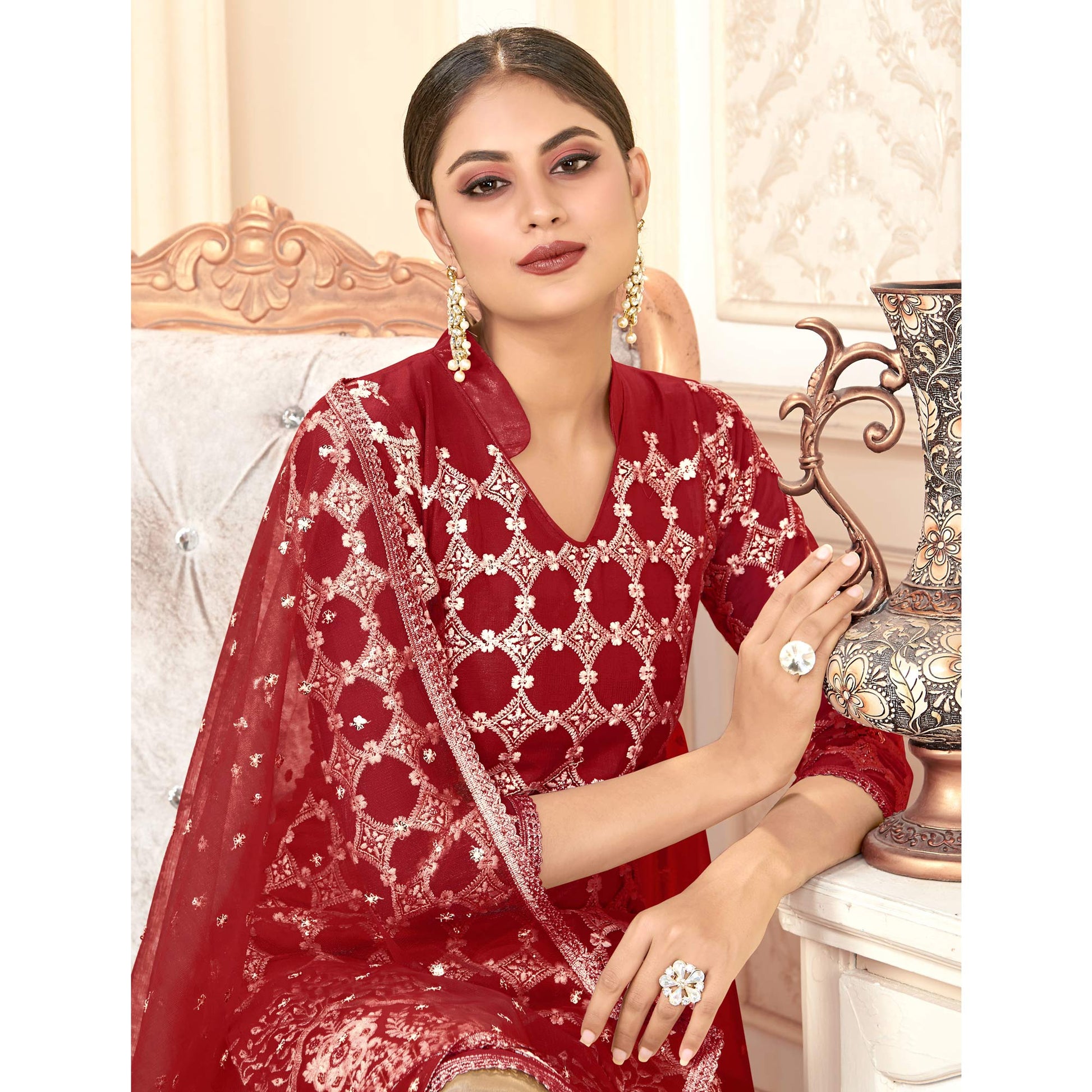 Maroon Sequins Embroidered Net Semi Stitched Suit