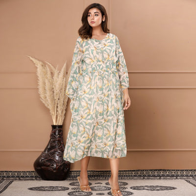 green-floral-printed-chiffon-dress
