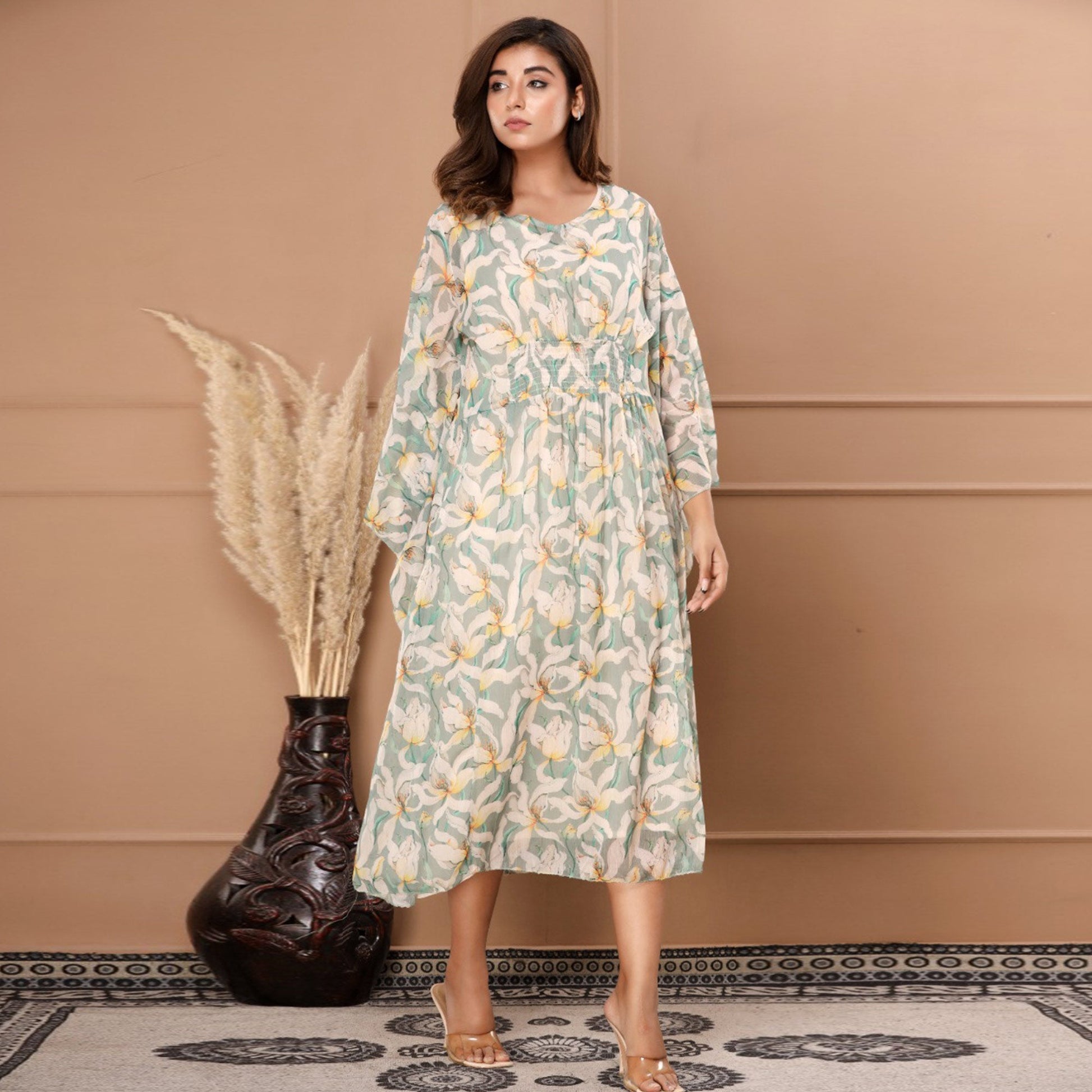 green-floral-printed-chiffon-dress