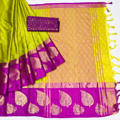 Lemon Green & Magenta Woven Cotton Silk Saree With Tassels