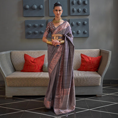 Grey Woven Tussar Silk Saree With Tassels