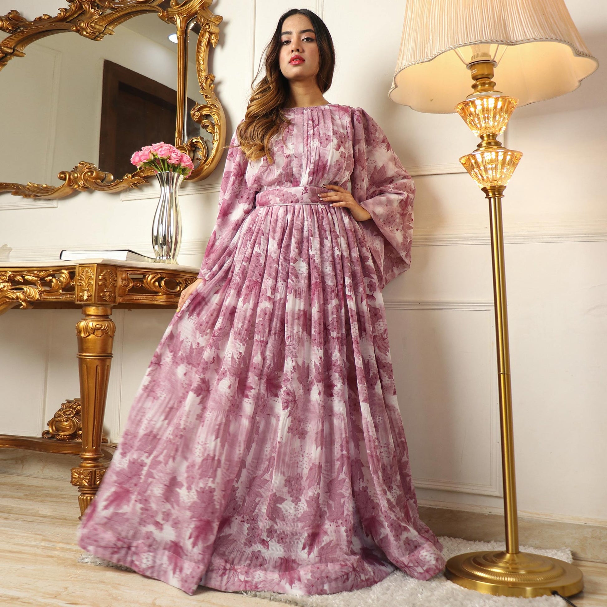 Mauve Floral Printed Georgette Gown