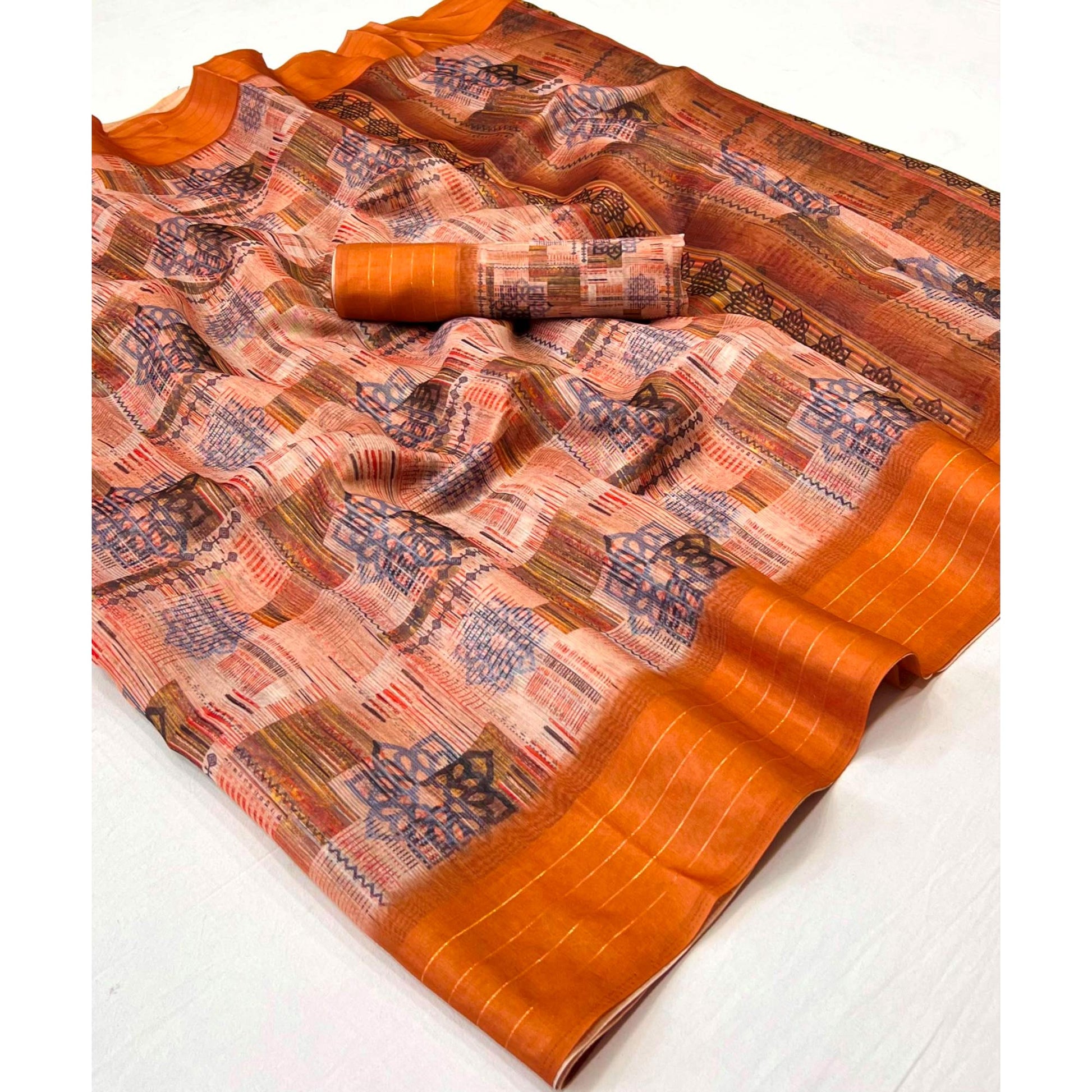 Brown Digital Printed Cotton Blend Saree