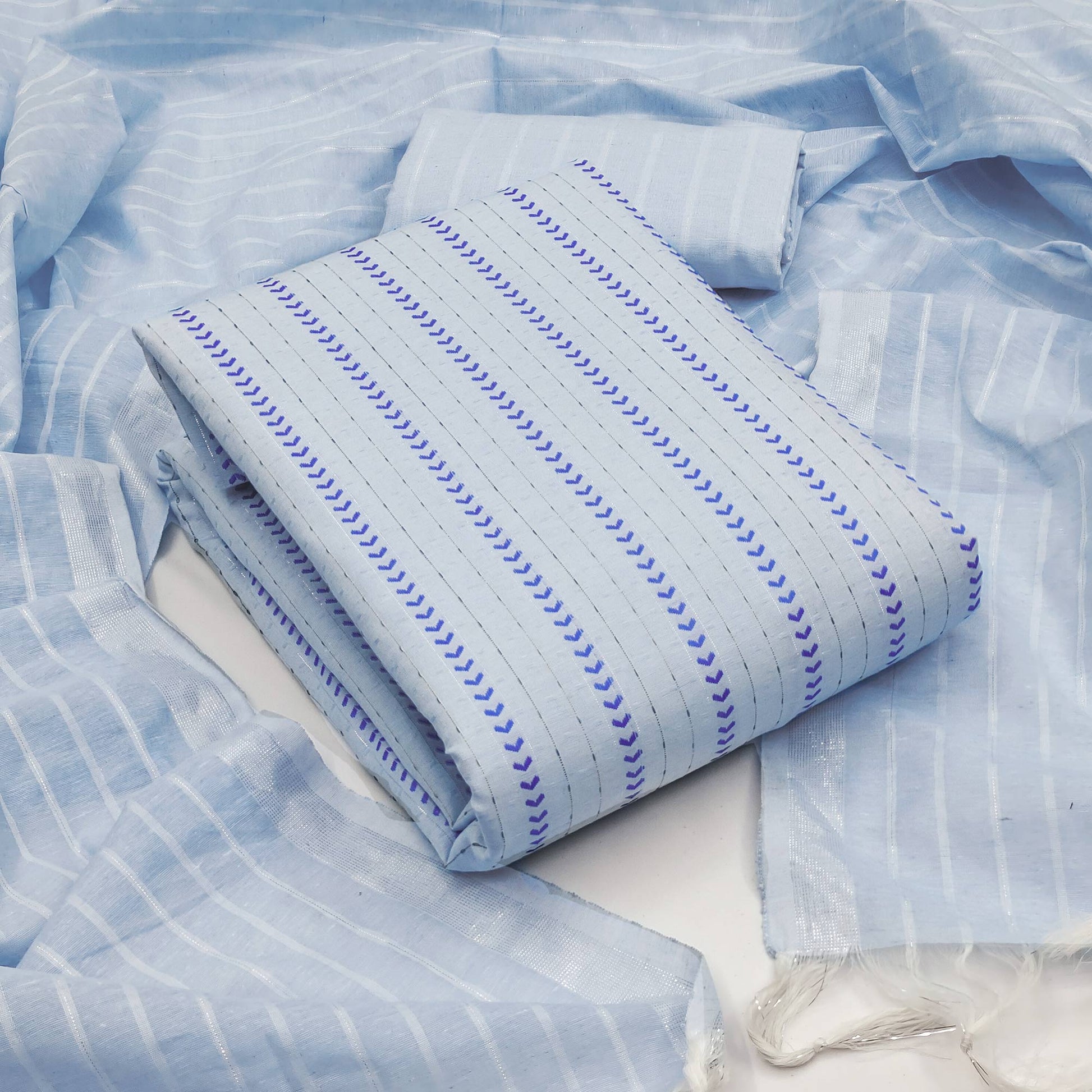 Blue Woven Cotton Blend Dress Material