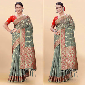 Grey Woven Organza Saree With Tassels
