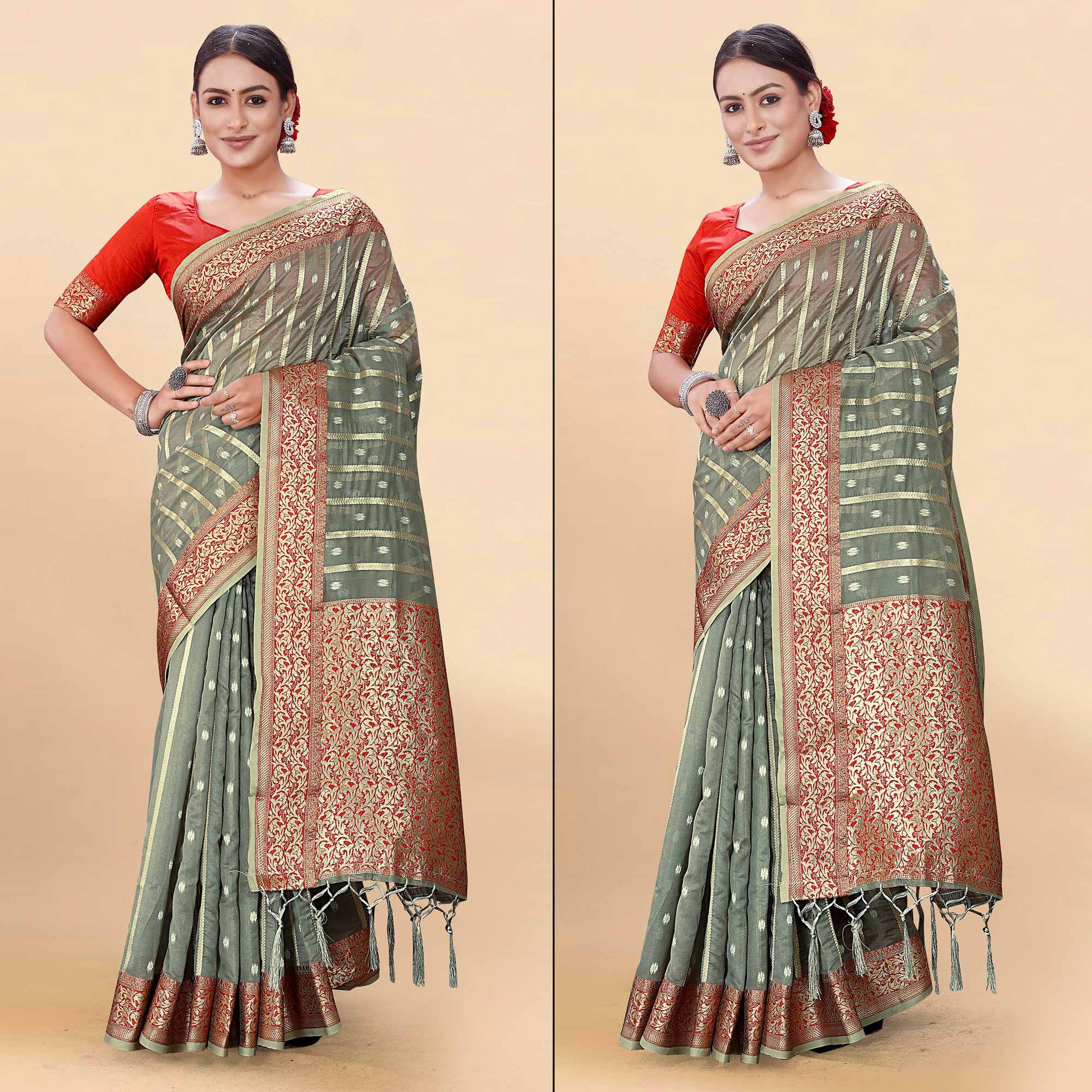 Grey Woven Organza Saree With Tassels
