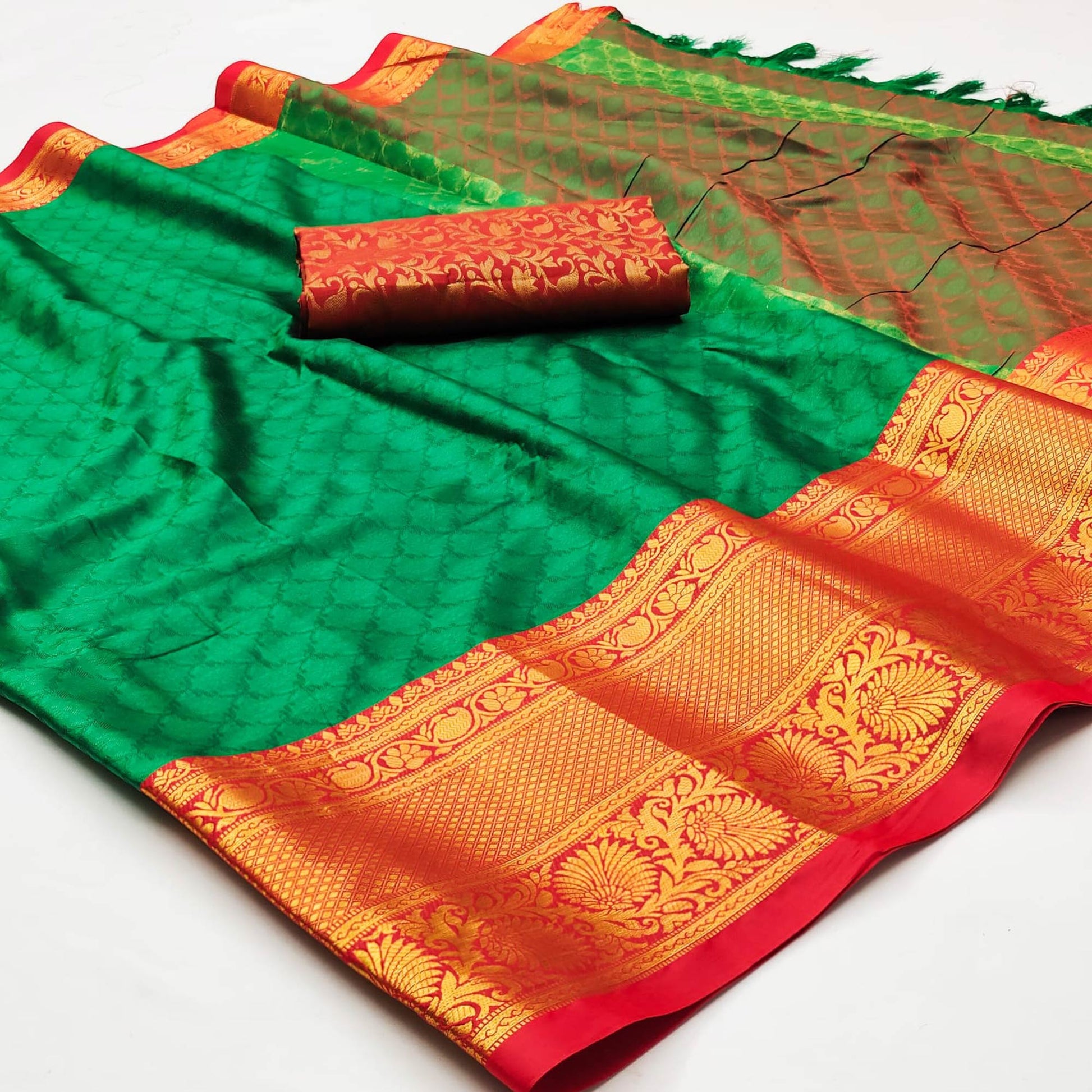 green-printed-and-woven-cotton-silk-saree-with-tassels