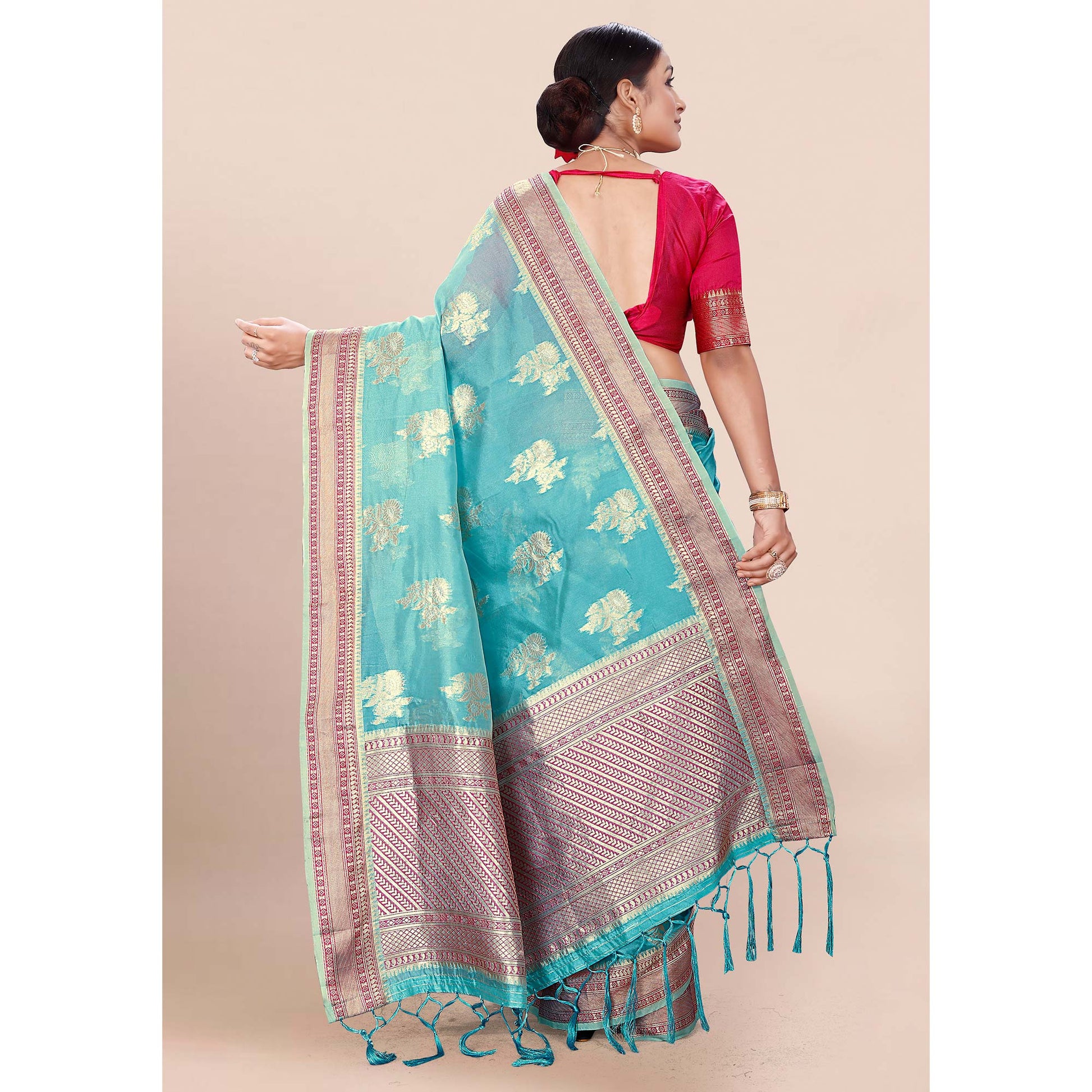 Blue Woven Organza Saree With Tassels