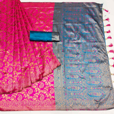 Magenta Pink Floral Woven Jacquard Saree