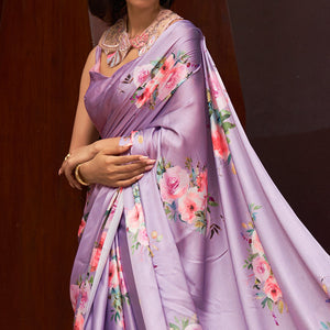 Light Purple Floral Digital Printed Satin Saree
