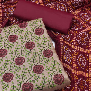Brown Embroidered Art Silk Dress Material