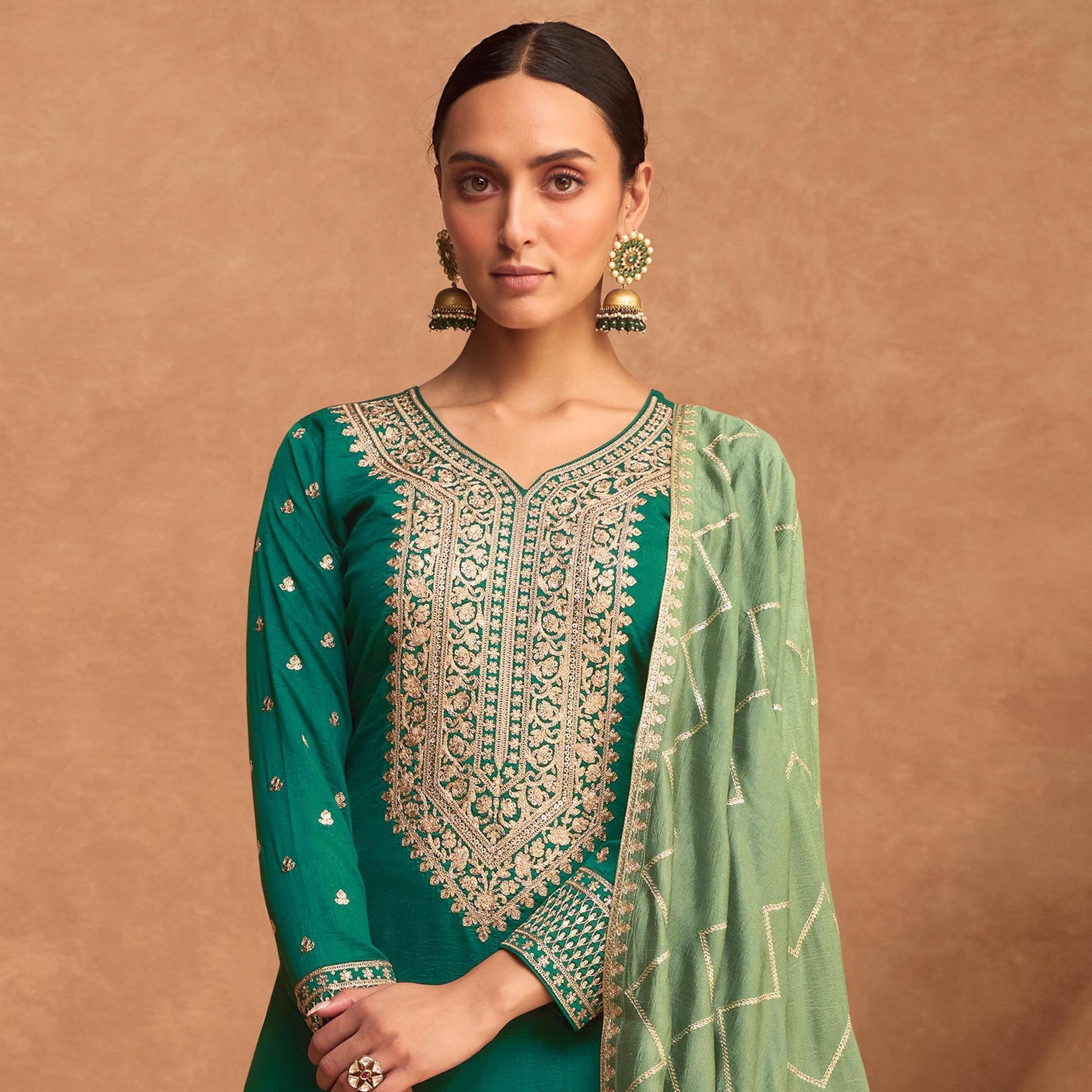 green-floral-sequins-embroidered-art-silk-semi-stitched-suit-1