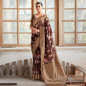 Brown Woven With Floral Printed Art Silk Saree