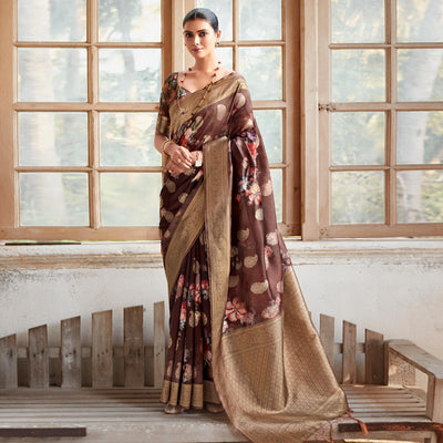 Brown Woven With Floral Printed Art Silk Saree